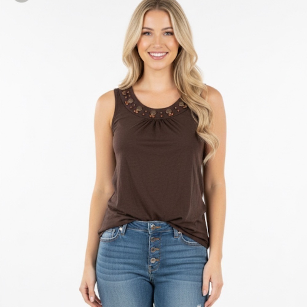 Hannah Brown Sleeveless Top with Beaded Neckline size medium